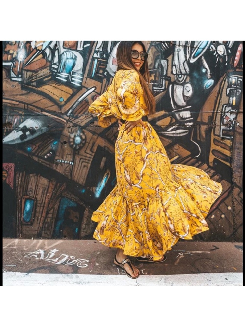 Johanna Ortiz x H&M Yellow Bird Botanical Print Ruffle Midi Dress XL - Picture 4 of 8